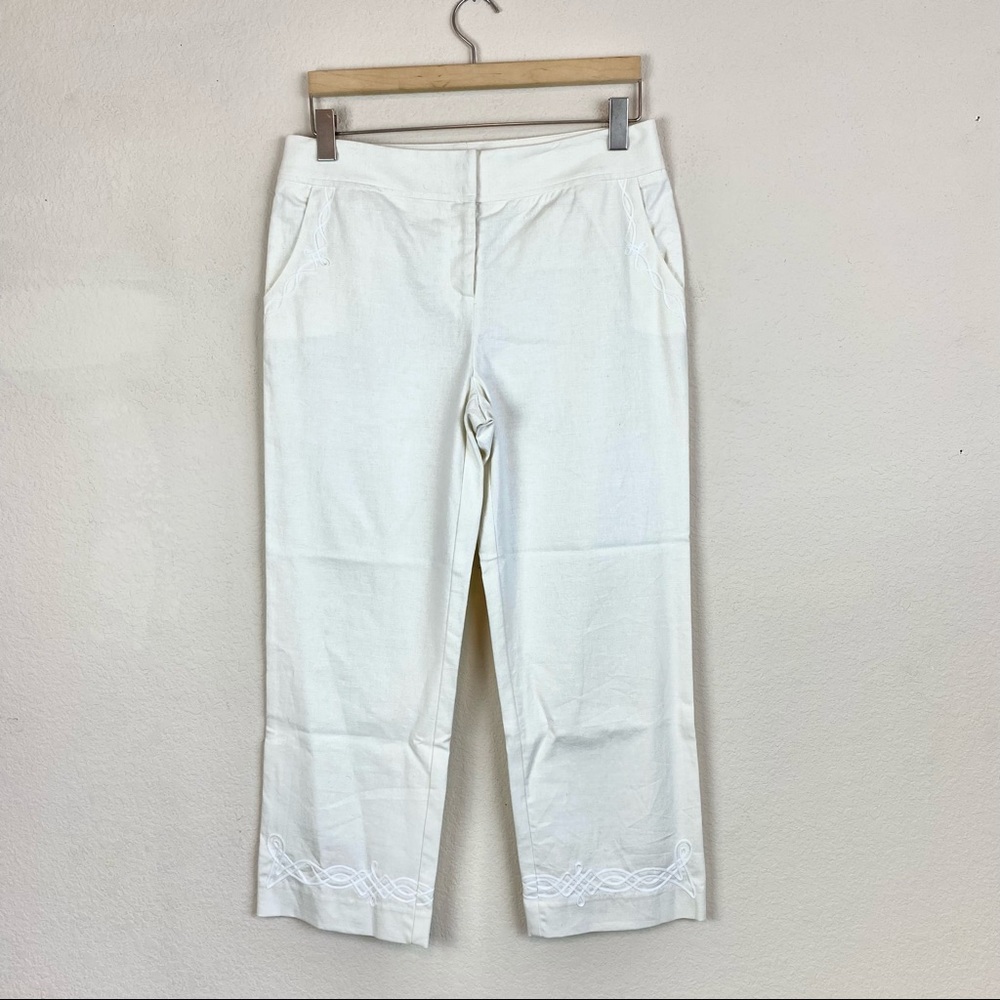 Lillie Rubin Pants White Embroidered Linen Ankle